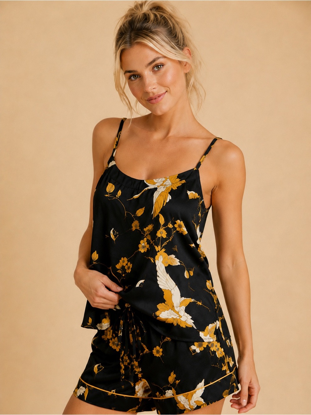 Anbrielle Black With Gold And Ivory Satin Floral Cami Pajama Adjustable Cami XS